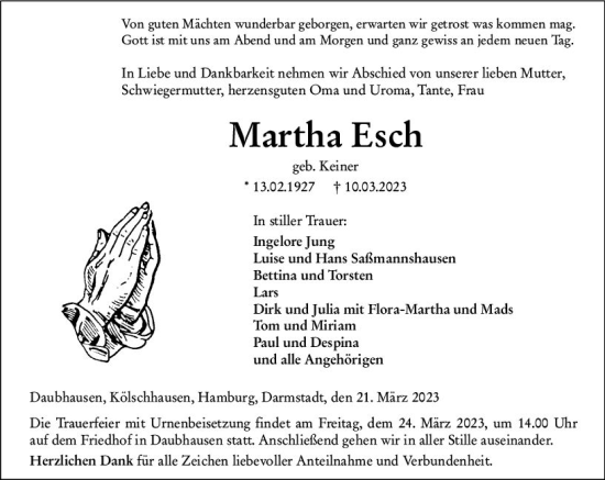 Traueranzeige von Martha Esch von Wetzlarer Neue Zeitung