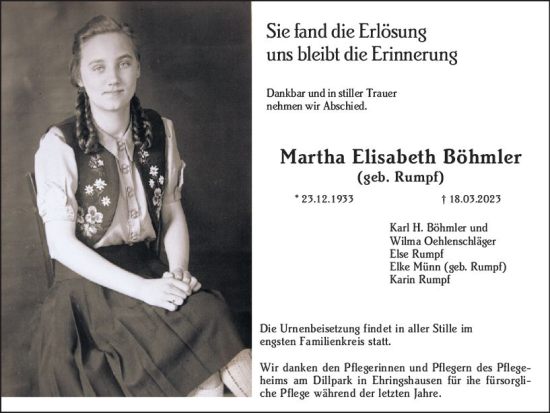 Traueranzeige von Martha Elisabeth Böhmler von Wetzlarer Neue Zeitung