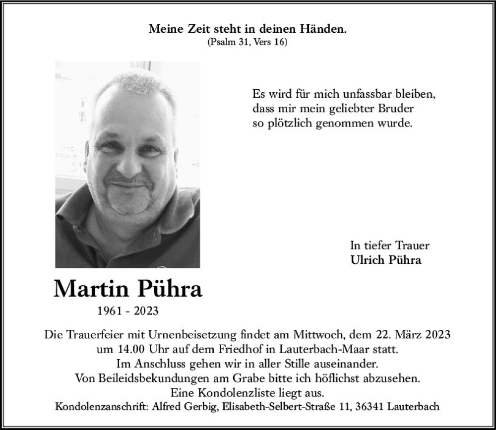  Traueranzeige für Martin Pühra vom 18.03.2023 aus Lauterbacher Anzeiger