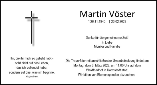 Traueranzeige von Martin Vöster von Darmstädter Echo