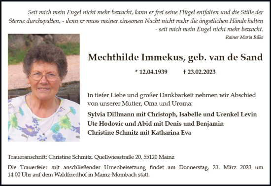 Traueranzeige von Mechthilde Immekus von Allgemeine Zeitung Mainz