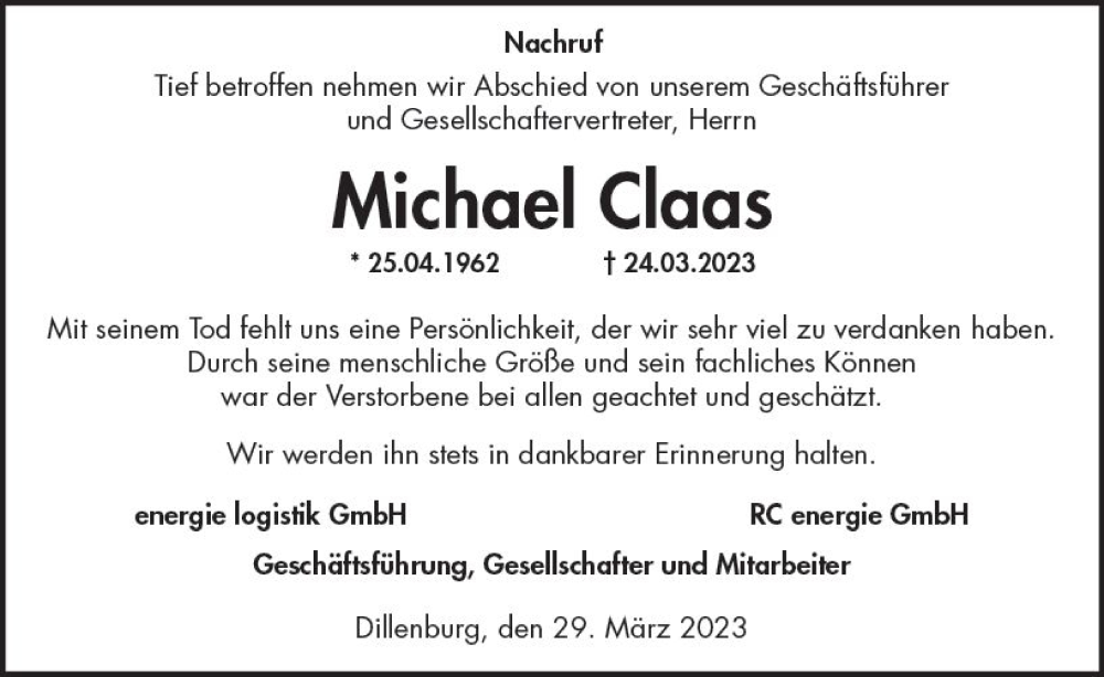  Traueranzeige für Michael Claas vom 29.03.2023 aus Dill Block