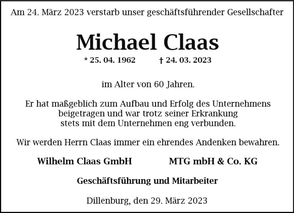  Traueranzeige für Michael Claas vom 29.03.2023 aus Dill Block