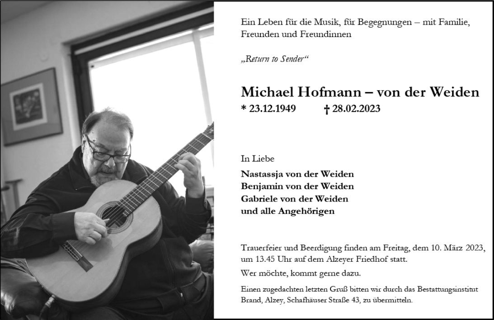  Traueranzeige für Michael Hofmann-von der Weiden vom 04.03.2023 aus Allgemeine Zeitung Alzey