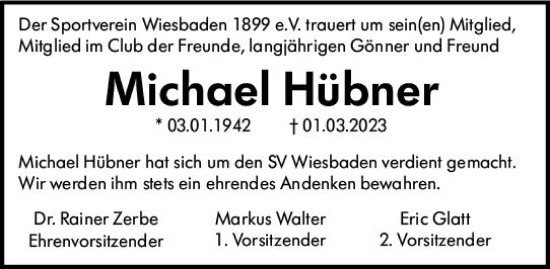 Traueranzeige von Michael Hübner von Wiesbadener Kurier