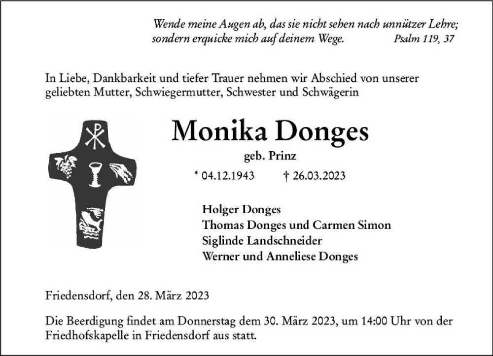  Traueranzeige für Monika Donges vom 28.03.2023 aus Hinterländer Anzeiger