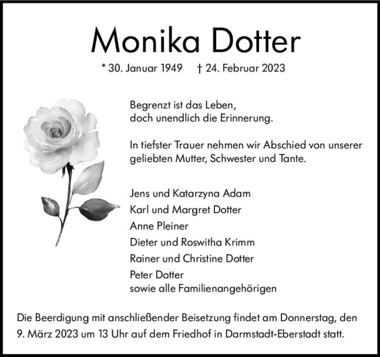 Traueranzeige von Monika Dotter von Dieburger Anzeiger/Groß-Zimmerner Lokal-Anzeiger