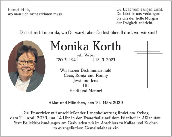 Traueranzeige von Monika Korth von Wetzlarer Neue Zeitung