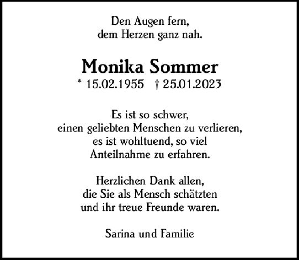  Traueranzeige für Monika Sommer vom 11.03.2023 aus Allgemeine Zeitung Alzey