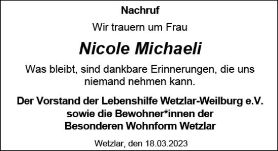 Traueranzeige von Nicole Michaeli von Weilburger Tageblatt