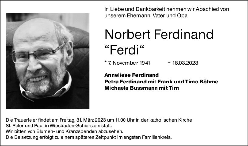  Traueranzeige für Norbert Ferdinand vom 25.03.2023 aus Wiesbadener Kurier