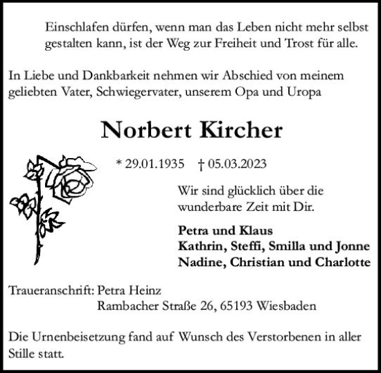 Traueranzeige von Norbert Kircher von Wiesbadener Kurier