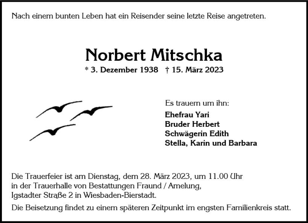 Traueranzeige für Norbert Mitschka vom 25.03.2023 aus Wiesbadener Kurier