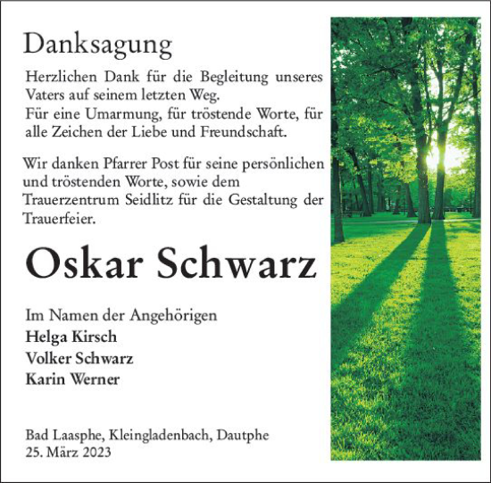 Traueranzeige von Oskar Schwarz von Hinterländer Anzeiger