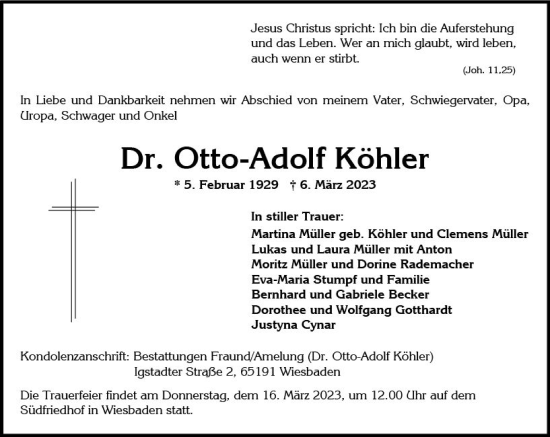 Traueranzeige von Otto-Adolf Köhler von Wiesbadener Kurier
