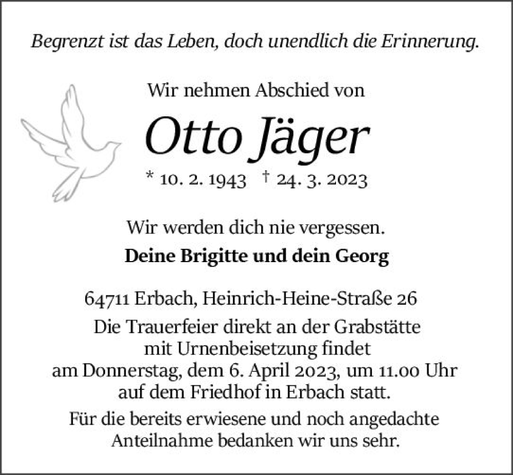  Traueranzeige für Otto Jäger vom 01.04.2023 aus Odenwälder Echo