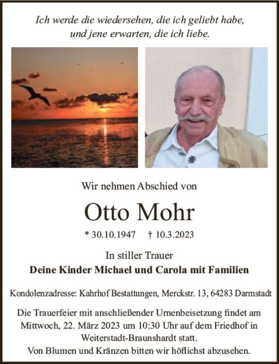 Traueranzeige von Otto Mohr von Darmstädter Echo