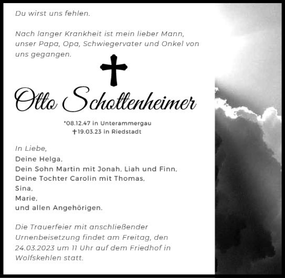  Traueranzeige für Otto Schottenheimer vom 22.03.2023 aus Darmstädter Echo