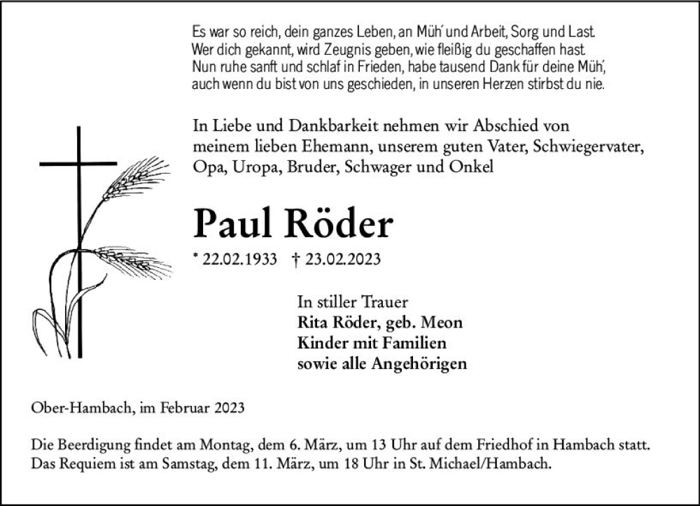  Traueranzeige für Paul Röder vom 03.03.2023 aus Starkenburger Echo
