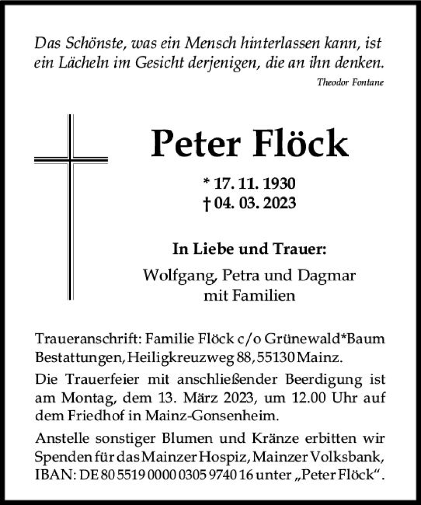  Traueranzeige für Peter Flöck vom 11.03.2023 aus Allgemeine Zeitung Mainz