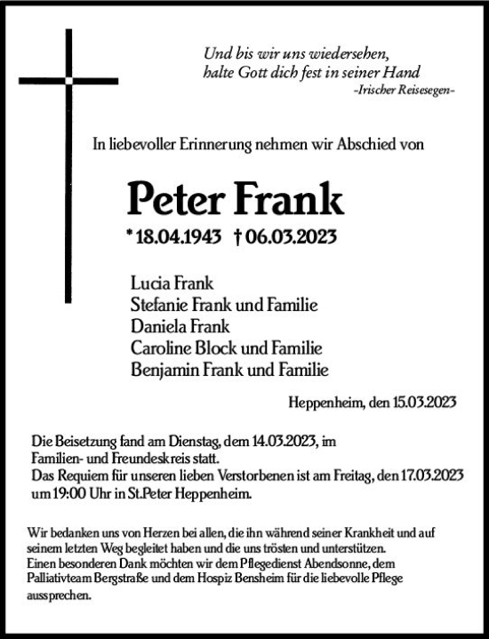 Traueranzeige von Peter Frank von Starkenburger Echo