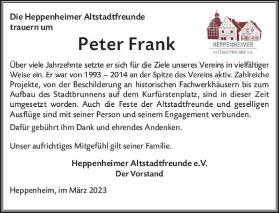 Traueranzeige von Peter Frank von Starkenburger Echo