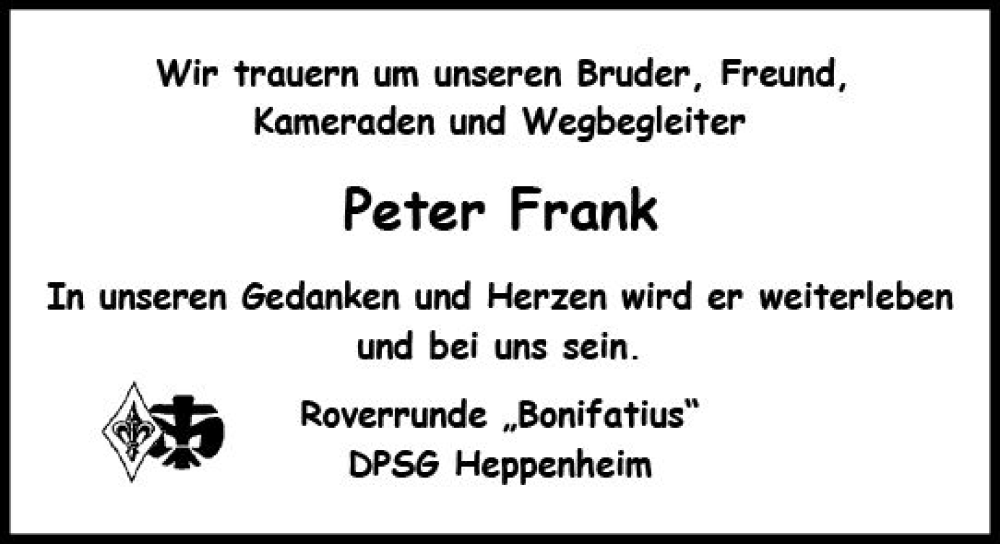 Traueranzeige für Peter Frank vom 15.03.2023 aus Starkenburger Echo