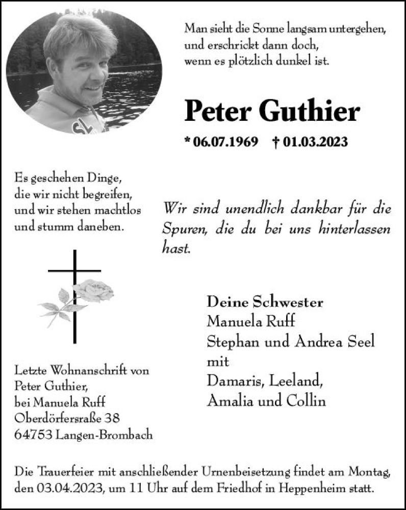  Traueranzeige für Peter Guthier vom 01.04.2023 aus Starkenburger Echo
