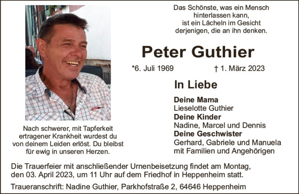  Traueranzeige für Peter Guthier vom 01.04.2023 aus Starkenburger Echo
