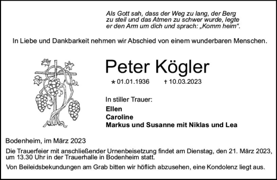 Traueranzeige von Peter Kögler von Allgemeine Zeitung Mainz