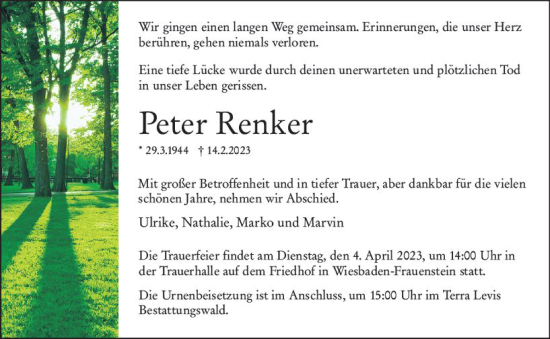 Traueranzeige von Peter Renker von Wiesbadener Kurier