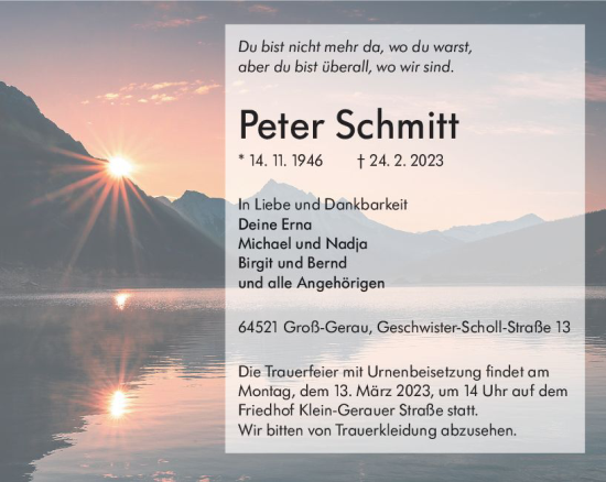 Traueranzeige von Peter Schmitt von Groß-Gerauer Echo