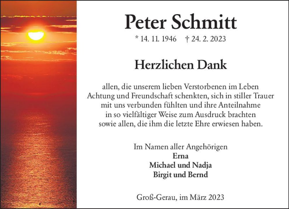  Traueranzeige für Peter Schmitt vom 25.03.2023 aus Groß-Gerauer Echo