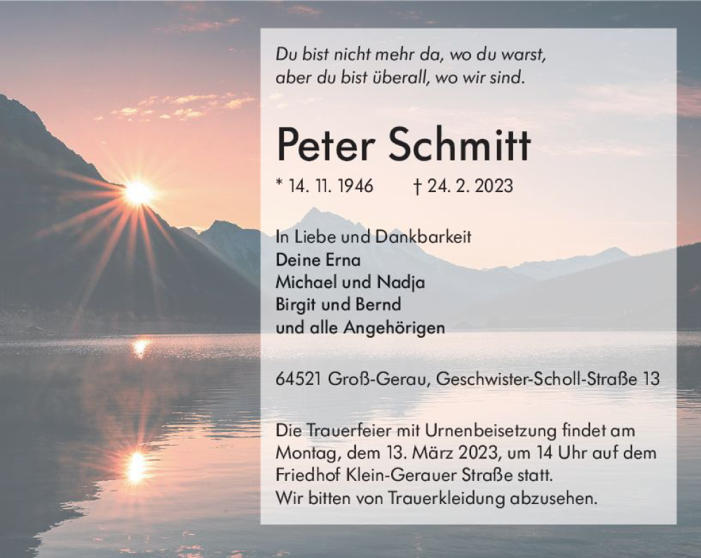  Traueranzeige für Peter Schmitt vom 11.03.2023 aus Groß-Gerauer Echo