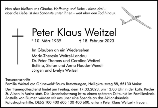 Traueranzeige von Peter Klaus Weitzel von Allgemeine Zeitung Mainz