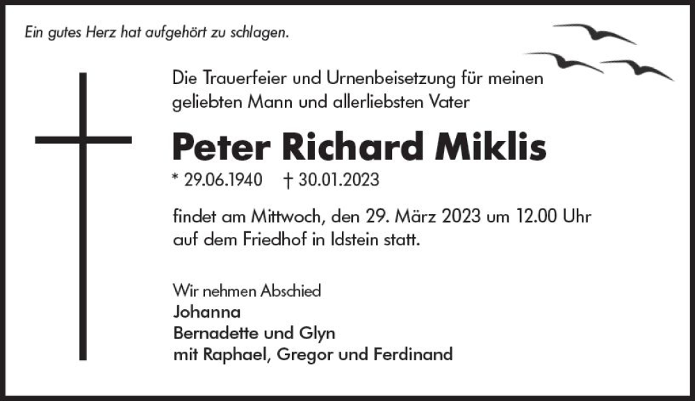  Traueranzeige für Peter Richard Miklis vom 25.03.2023 aus Idsteiner Land/Untertaunus
