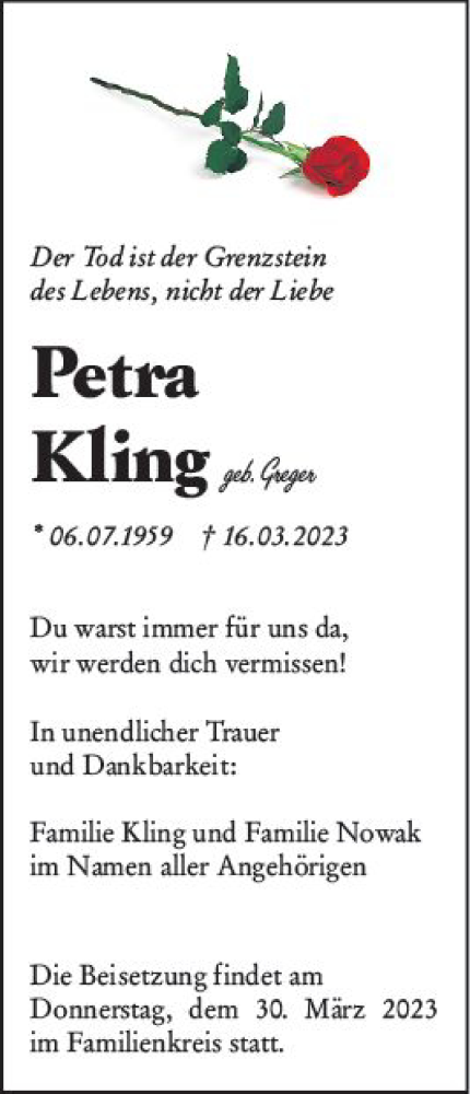  Traueranzeige für Petra Kling vom 28.03.2023 aus Weilburger Tageblatt