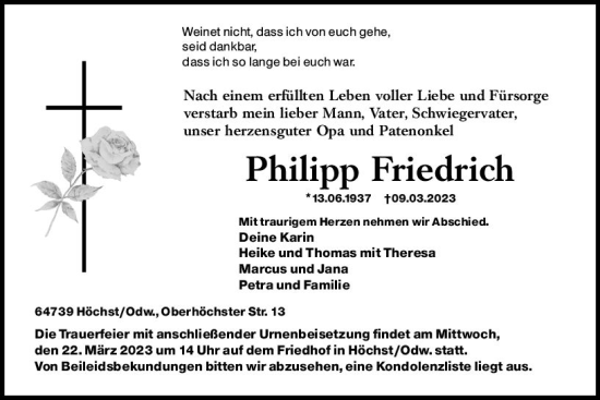 Traueranzeige von Philipp Friedrich von Odenwälder Echo