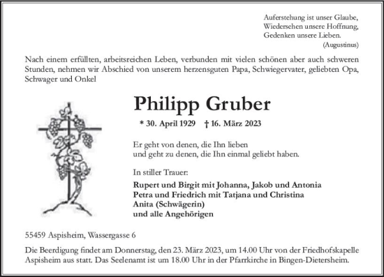 Traueranzeige von Philipp Gruber von Allgemeine Zeitung Bingen/Ingelheim