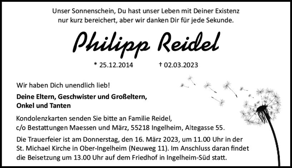  Traueranzeige für Philipp Reidel vom 11.03.2023 aus Allgemeine Zeitung Bingen/Ingelheim