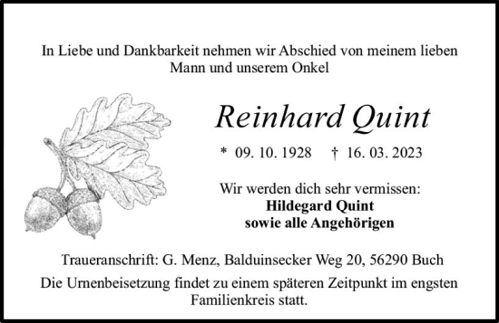 Traueranzeige von Reinhard Quint von Allgemeine Zeitung Bingen/Ingelheim