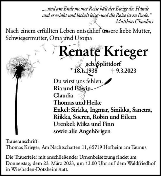 Traueranzeige von Renate Krieger von Wiesbadener Kurier