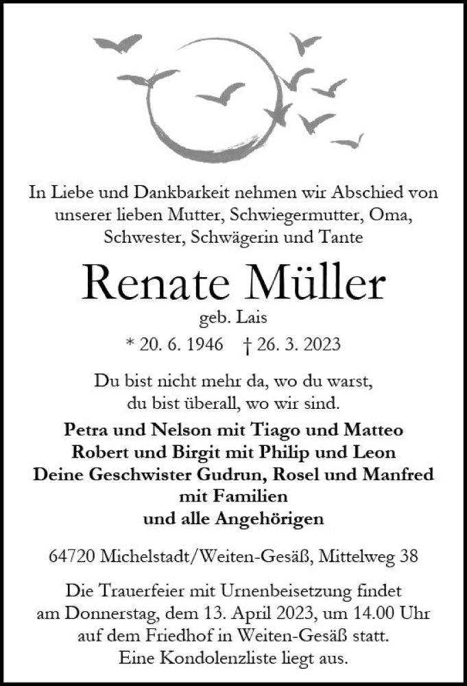  Traueranzeige für Renate Müller vom 01.04.2023 aus Odenwälder Echo