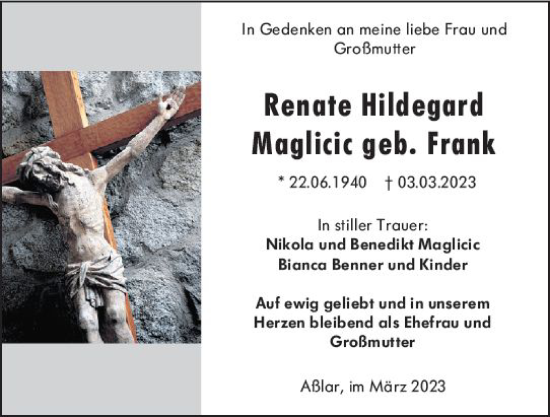 Traueranzeige von Renate Hildegard Maglicic von Wetzlarer Neue Zeitung