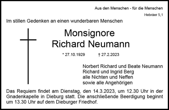 Traueranzeige von Richard Neumann von Dieburger Anzeiger/Groß-Zimmerner Lokal-Anzeiger