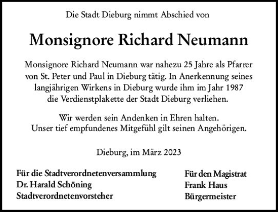 Traueranzeige von Richard Neumann von Dieburger Anzeiger/Groß-Zimmerner Lokal-Anzeiger