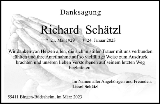 Traueranzeige von Richard Schätzl von Bingen/Ingelheim WOBL inkl. Neue Binger Ztg.