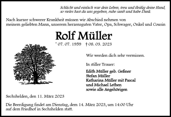 Traueranzeige von Rolf Müller von Dill Block