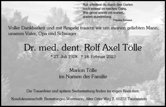 Traueranzeige von Rolf Axel Tölle von Wiesbadener Kurier