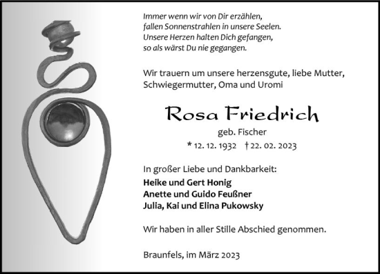 Traueranzeige von Rosa Friedrich von Wetzlarer Neue Zeitung